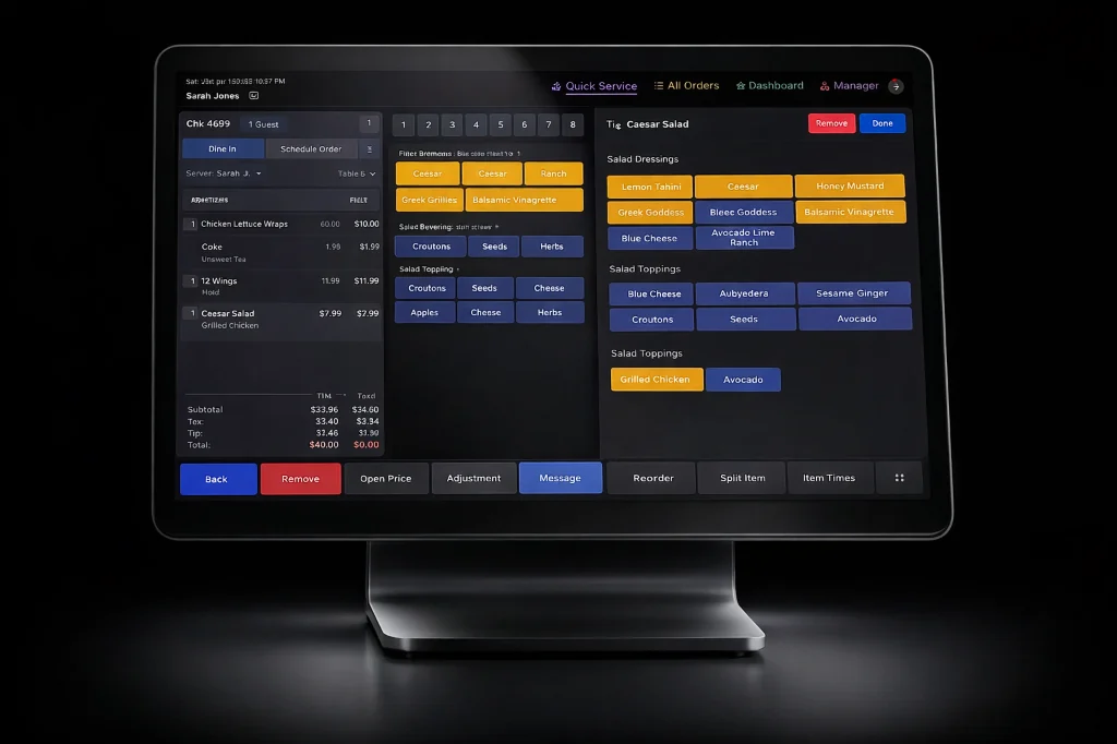 COIN POS terminal with a restaurant order and modifier screen