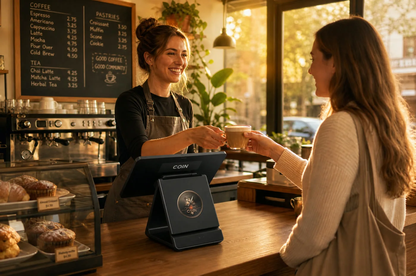 Barista handing a latte to a guest at a café counter with a COIN terminal