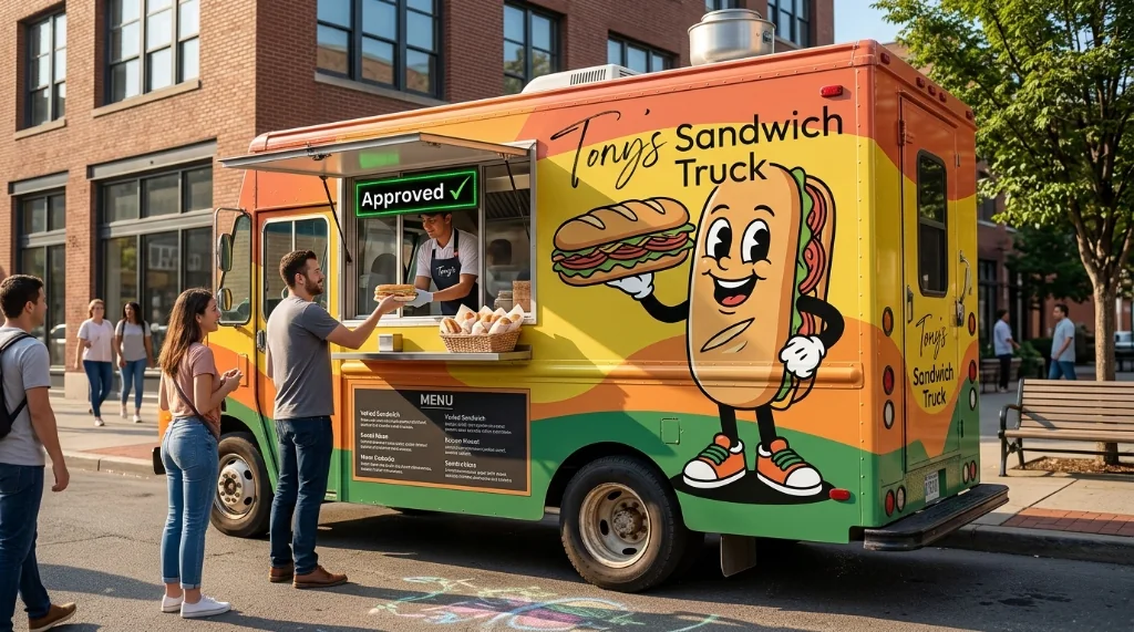 Yellow food truck serving customers at its window