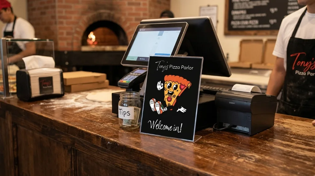 Pizzeria counter with a COIN POS station, customer display, and oven