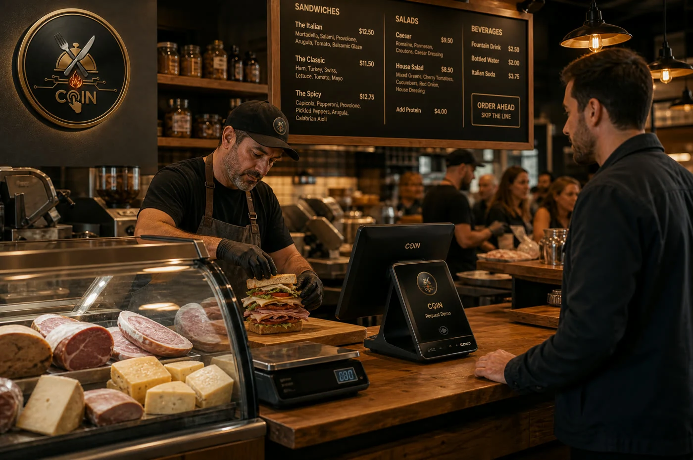 Deli worker making a sandwich beside a scale and COIN POS terminal