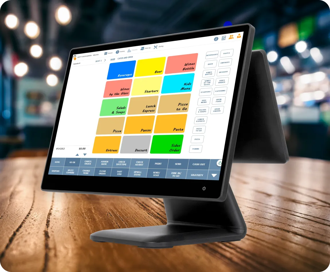 SoftTouch Element POS terminal showing a restaurant order-entry screen