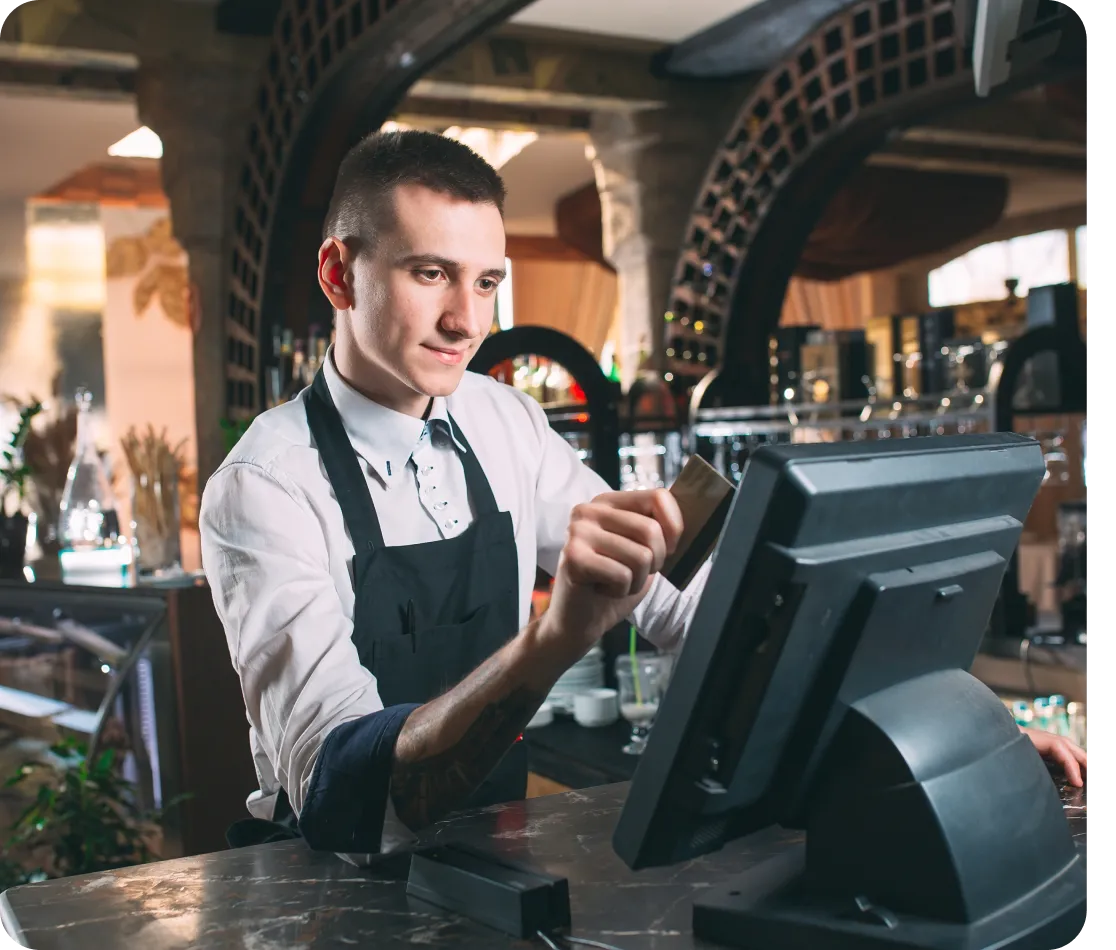 Server using a restaurant point of sale terminal