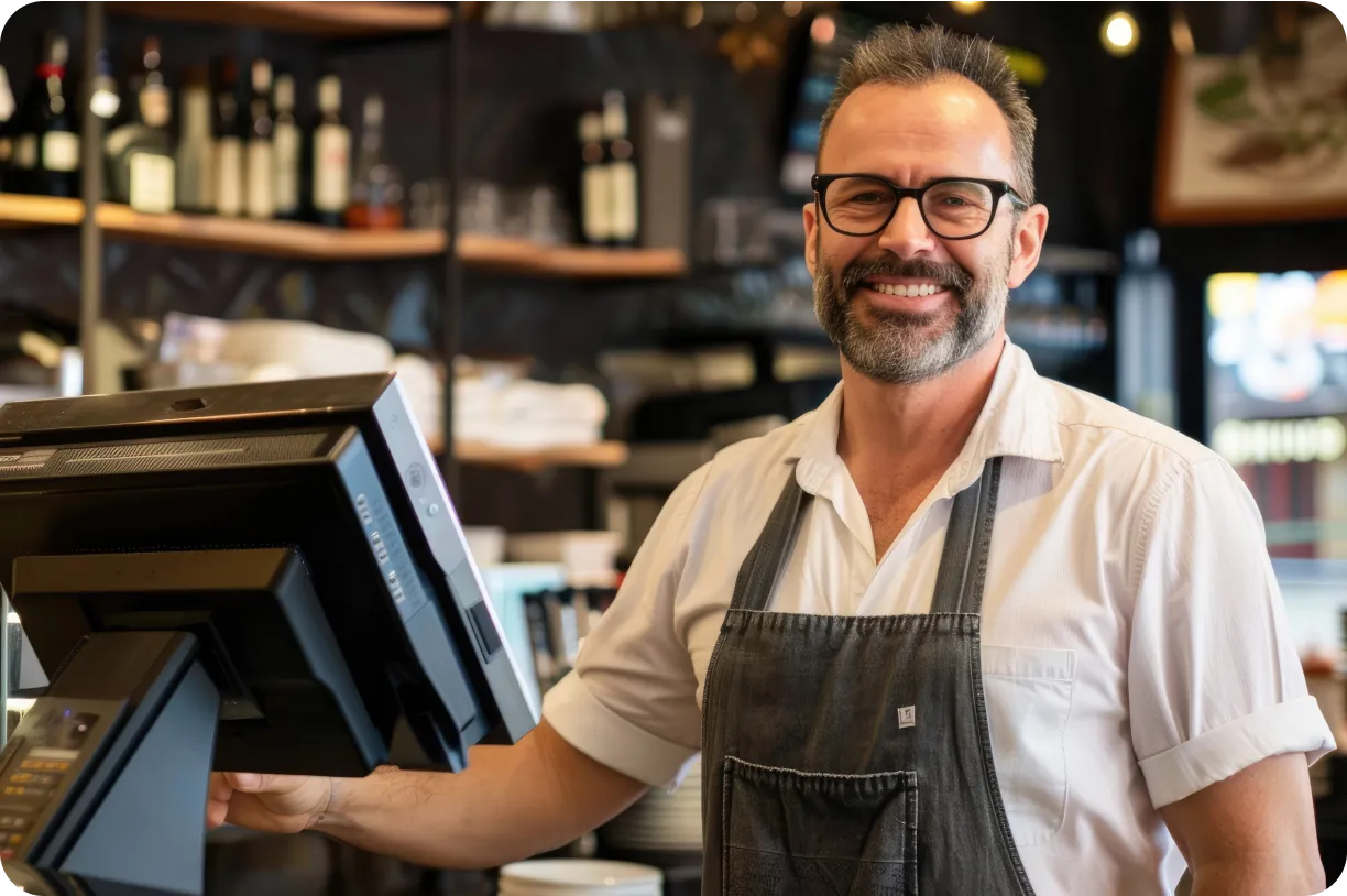 Restaurant operator working beside a point of sale terminal