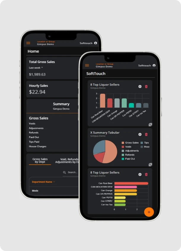 SoftTouch ST Dash mobile reporting screens showing sales charts and figures