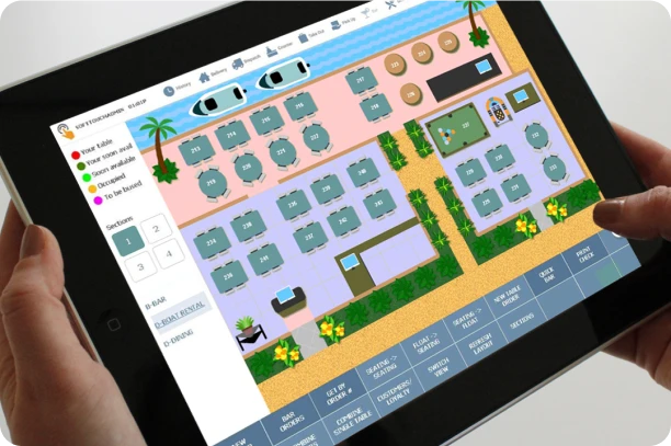 SoftTouch table management screen on a handheld device showing a restaurant floor plan